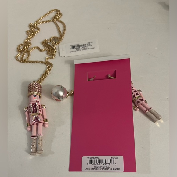Betsey Johnson Pink Nutcracker & Ball Rhinestone Pendant Necklace & Earrings set - Picture 8 of 16
